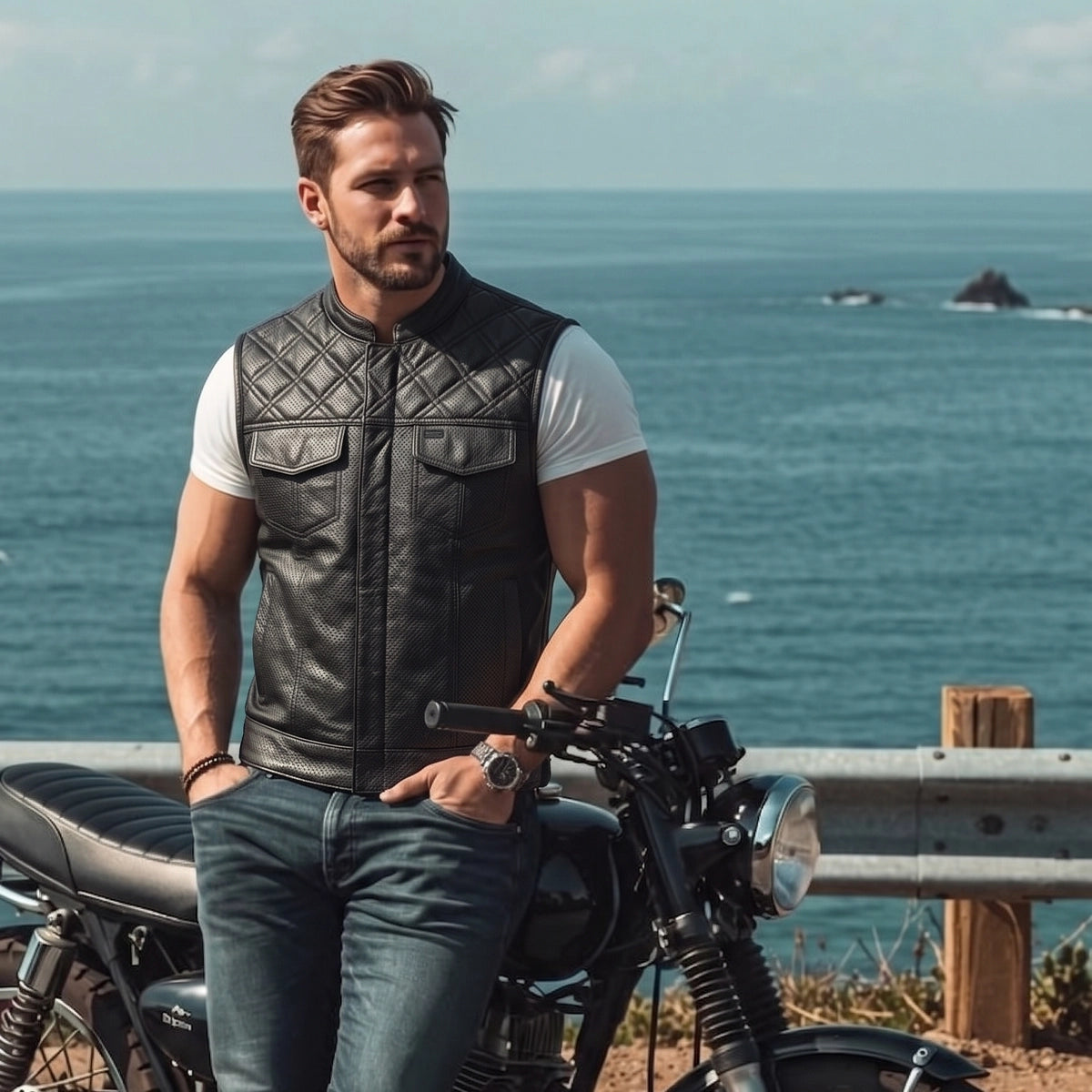 Open Road - Men's Perforated Leather Motorcycle Vest