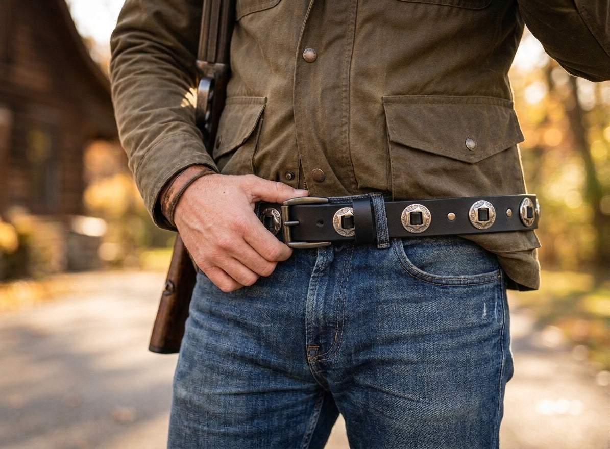 Rustic Coin Concho Black Leather Belt