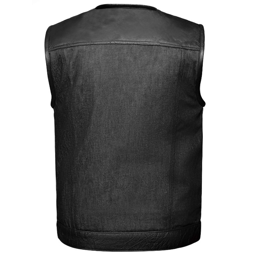 The Men's Denim / Leather Club Vest by Unik Denim offers a stylish fusion of cowhide leather and denim. Featuring four exterior pockets