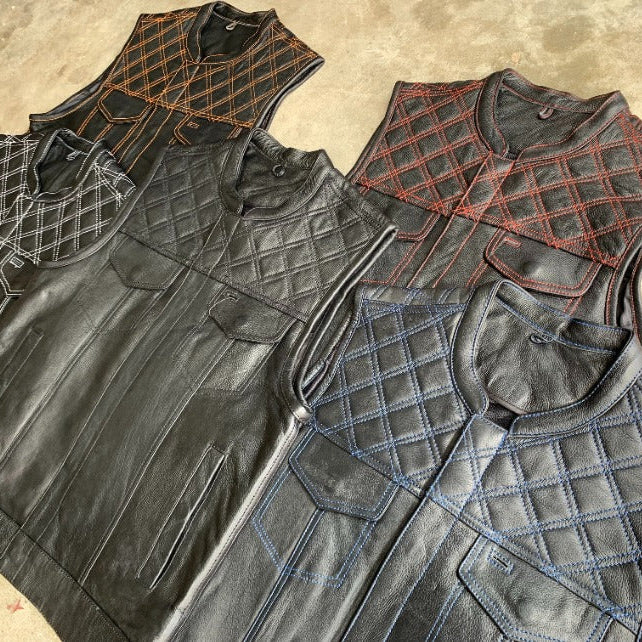 Made from cowhide leather with a diamond stitch pattern, it includes four exterior pockets, two inside concealed carry pockets.