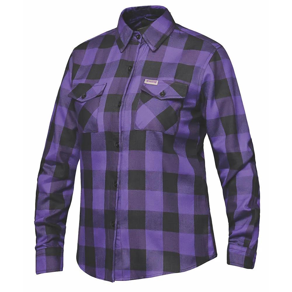 This black and purple riding flannel is crafted from cotton and features removable armor, combining fashion-forward design with essential safety features for comfort and protection on the road