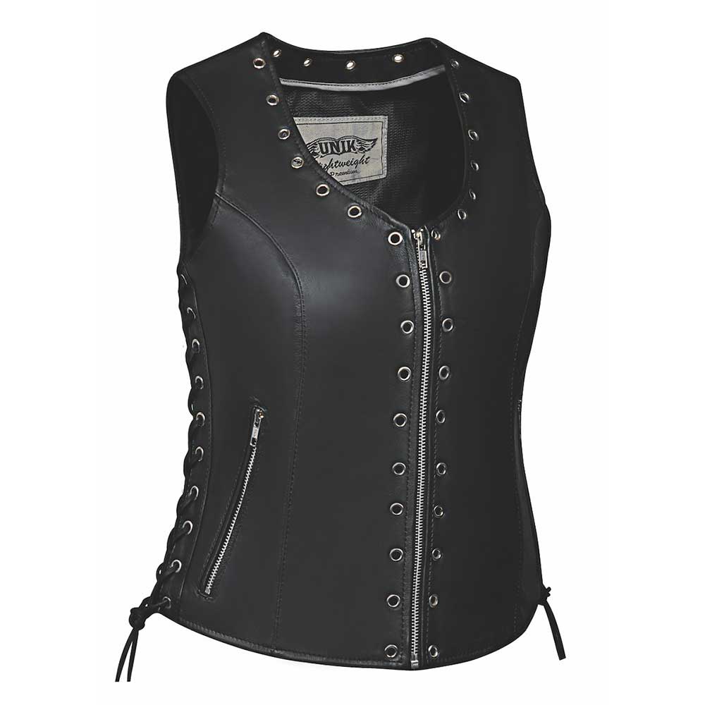  Unik Lightweight Premium combines goatskin leather construction, two exterior zippered pockets, two interior concealed carry pockets, a great flattering fit, side laces for adjustment, silver hardware, and a front zipper closure