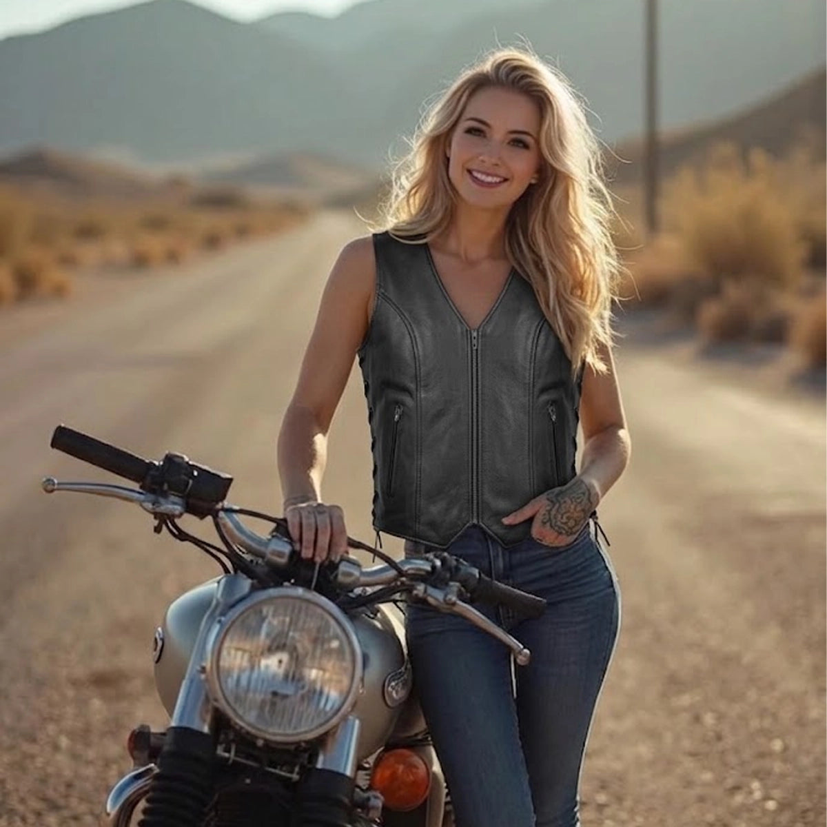 Mae - Women's Zippered Leather Motorcycle Vest