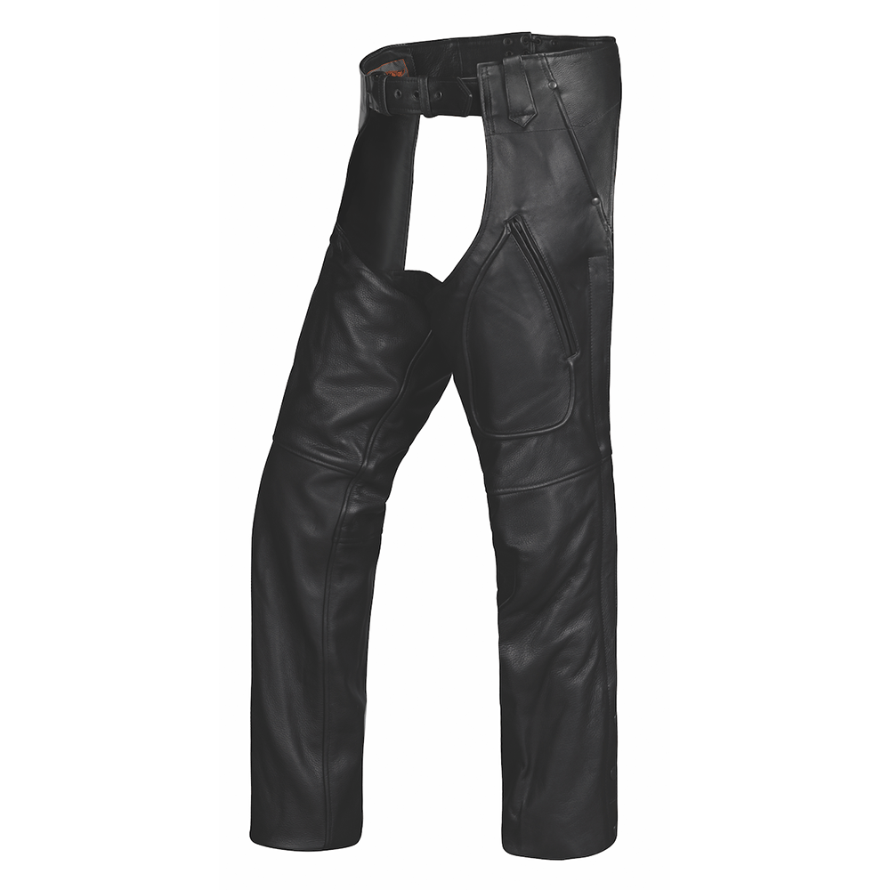 Unik Premium leather chaps designed for durability and style. With reinforced stitching, silver hardware, and an adjustable fit, these chaps are ideal for bikers