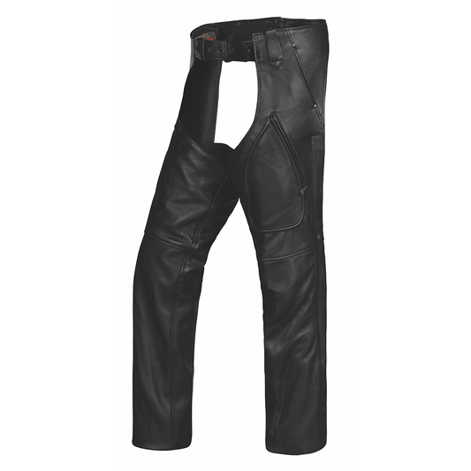 Unik Premium leather chaps designed for durability and style. With reinforced stitching, silver hardware, and an adjustable fit, these chaps are ideal for bikers