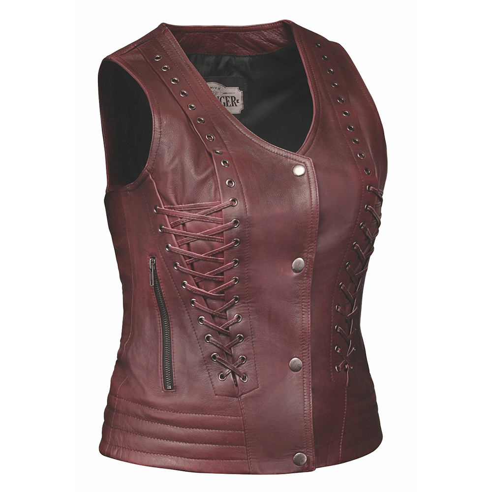 Designed by Derringer Leather, renowned for quality, this vest features antique brass hardware and a striking red color, adding a vibrant touch to any ensemble