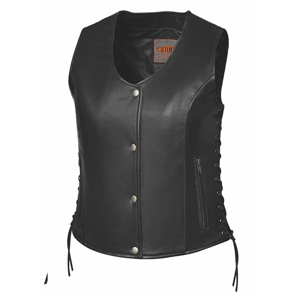 The Ladies PREMIUM vest in soft lightweight leather by Unik Lightweight Premium combines soft cowhide leather construction, two exterior zippered pockets, two interior concealed carry pockets, a great flattering fit, side laces for adjustment, silver hardware, and a zip and snap front main closure