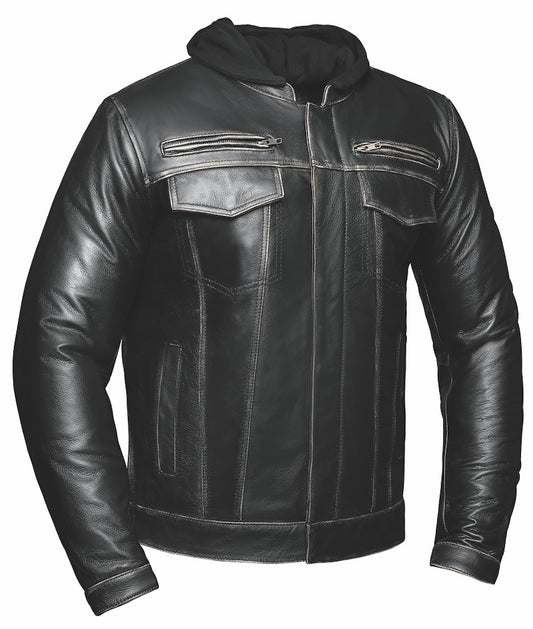 hooded black leather jacket with front zipper