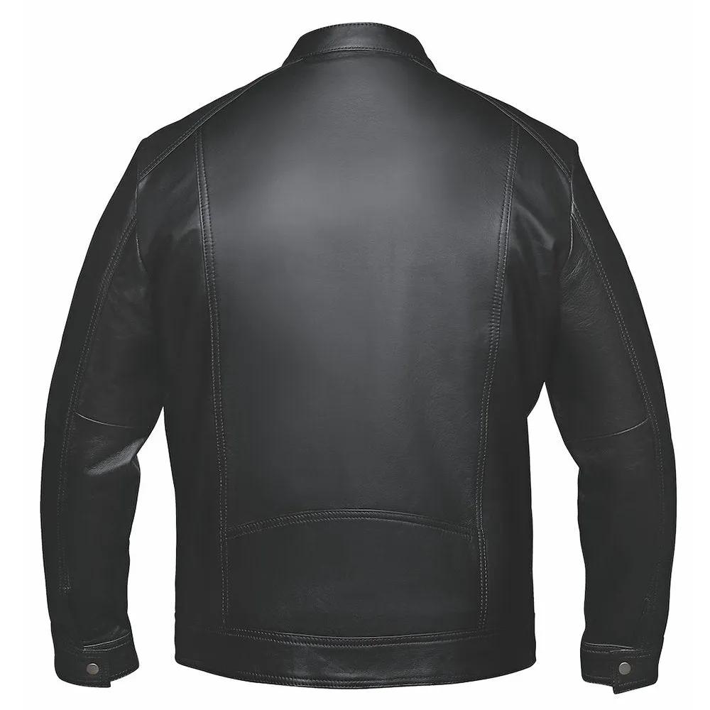 Black leather jacket shown from the back 