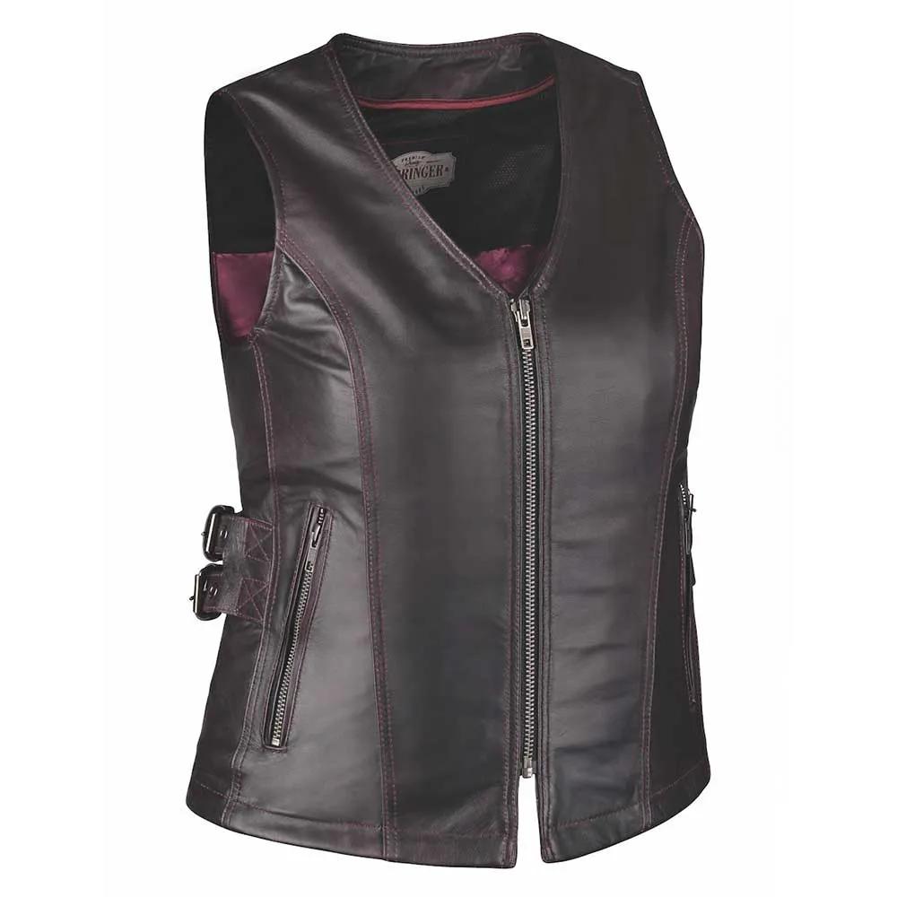 Style # 6893.17 epitomizes sophistication and functionality with a ladies' premium zippered vest crafted from lightweight lambskin leather. Its sleek design, featuring black hardware and a front zipper closure,