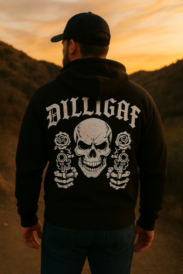 a black hoodie with 'DILLIGAF' text
