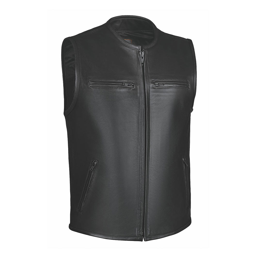  Made from cowhide leather, it features two outside chest pockets, two hand warmer pockets, two inside concealed carry pockets, a front zipper closure, black hardware, and a one-panel back, providing practicality and a timeless aesthetic.
