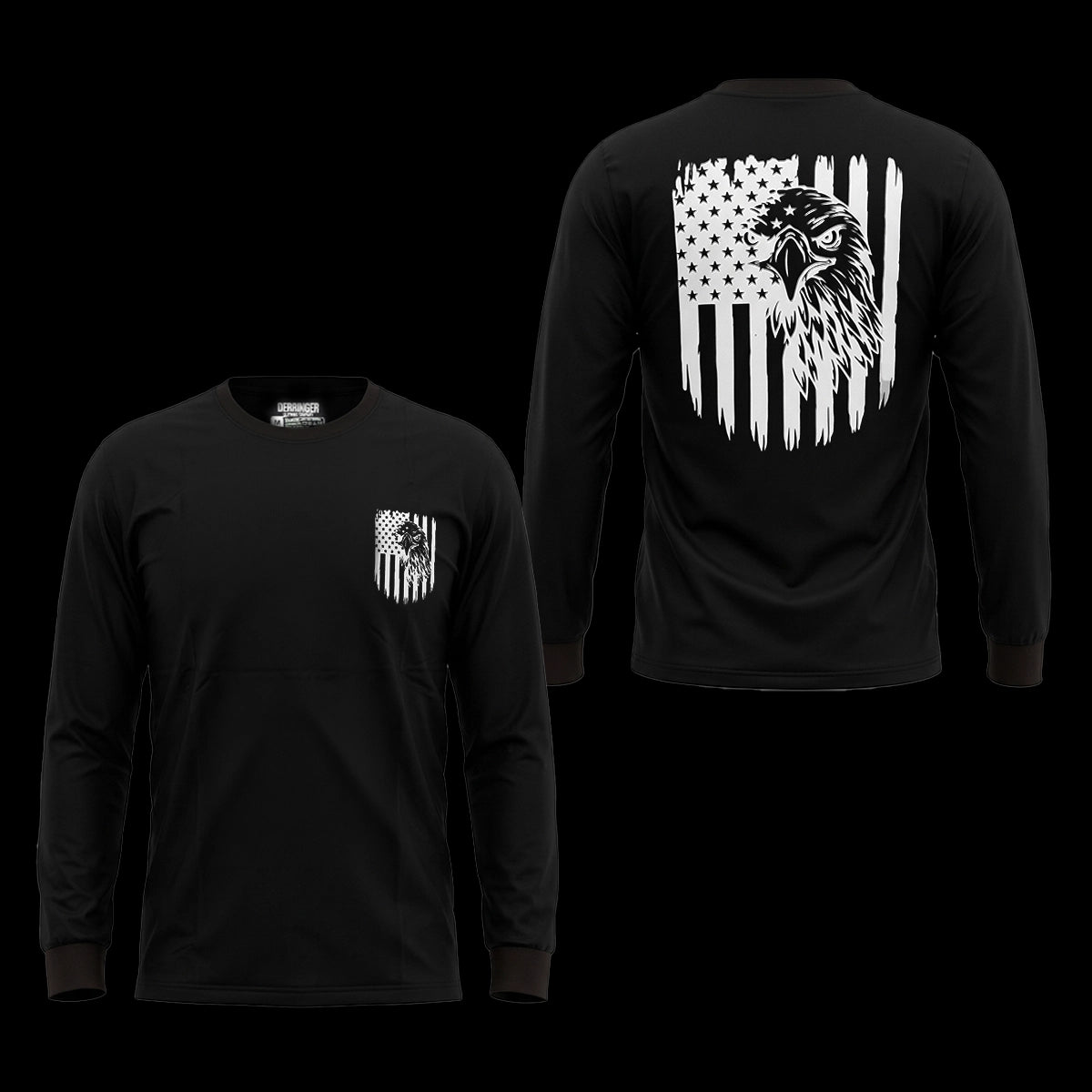 Men's Black Long Sleeve T-Shirt with American Eagle & Flag Print