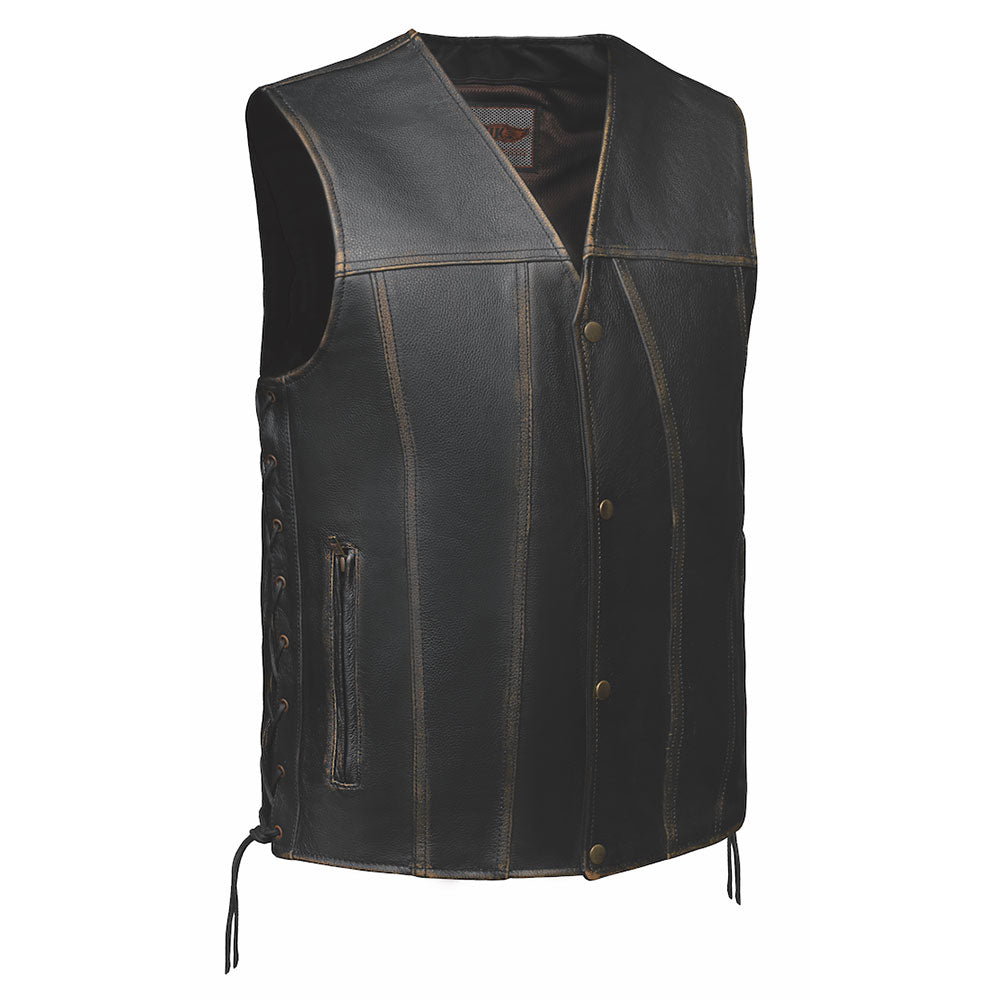  Crafted from cowhide leather and meticulously designed in Pakistan, this vest features a distinctive distressed brown color that exudes character and sophistication. 