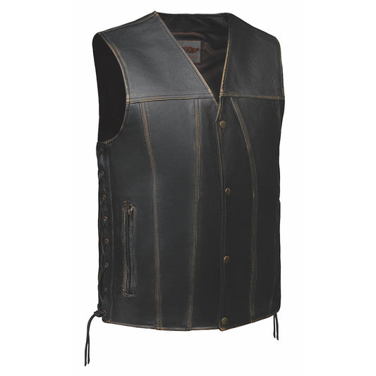  Crafted from cowhide leather and meticulously designed in Pakistan, this vest features a distinctive distressed brown color that exudes character and sophistication. 