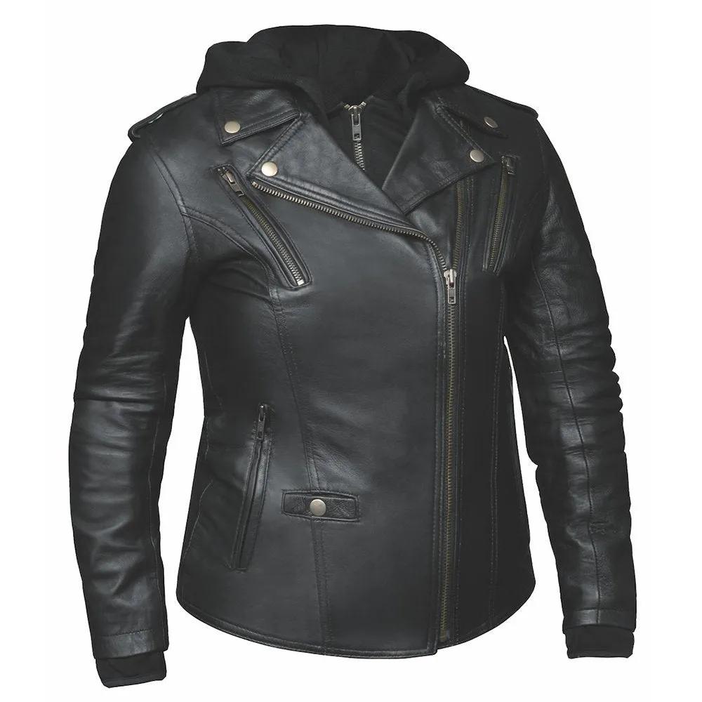 woman hooded leather jacket