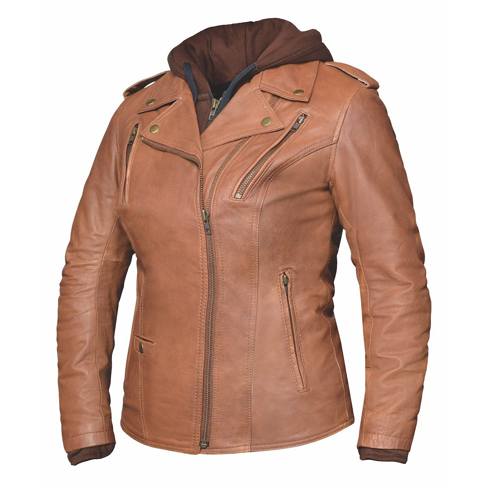 Crafted from luxurious lambskin leather in classic brown, this jacket combines a modern hoody design with premium features for comfort, protection, and practicality