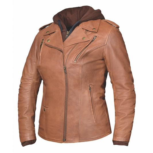 Crafted from luxurious lambskin leather in classic brown, this jacket combines a modern hoody design with premium features for comfort, protection, and practicality