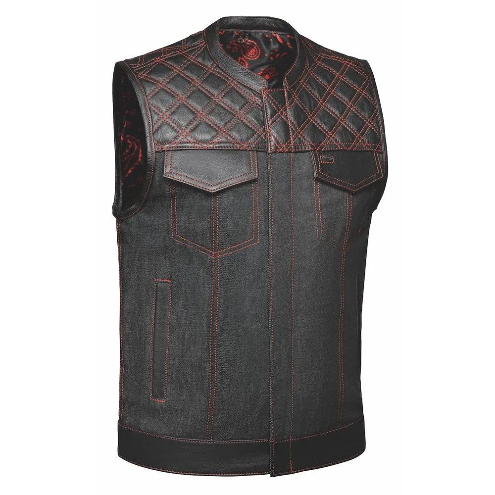 dark denim vest with leather on shoulders
