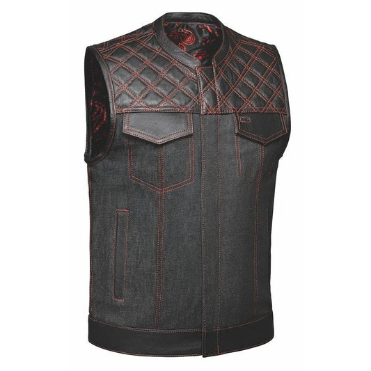 dark denim vest with leather on shoulders