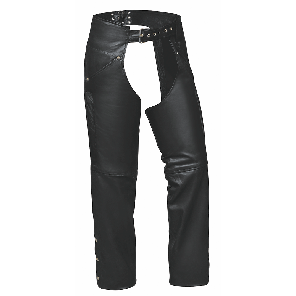 Unik Premium leather chaps designed for durability and style. With reinforced stitching, silver hardware, and an adjustable fit, these chaps are ideal for bikers