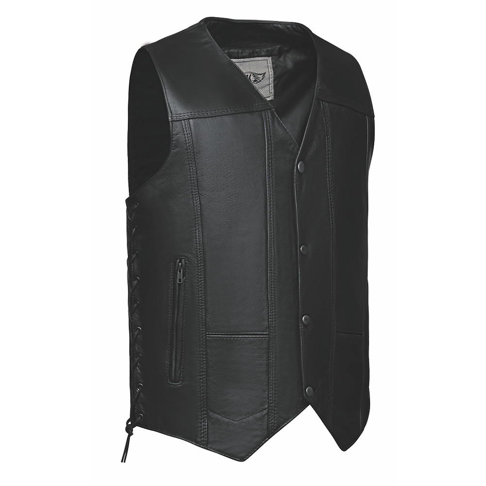 This men's leather vest combines classic craftsmanship with modern utility, providing ample storage with its 10 pockets while maintaining a sleek, masculine silhouette. Ideal for casual or outdoor wear, it offers a balance of style and practicality.