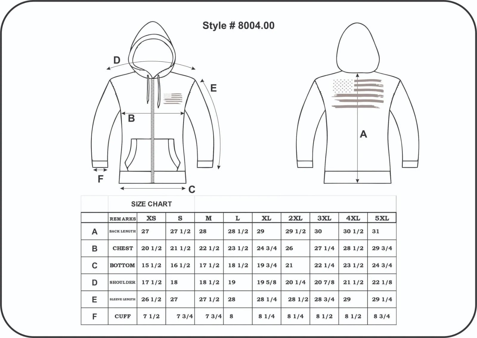 Measurement chart for a hoodie 