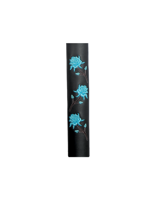 Leather and adorned with three embroidered teal roses