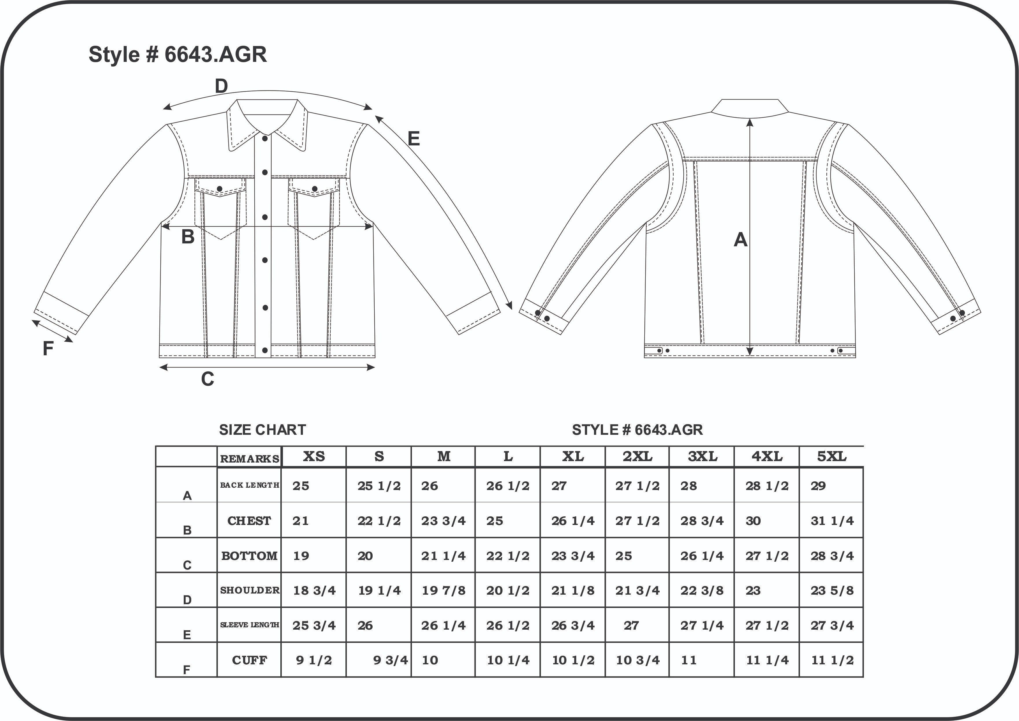 Technical drawing and size chart 