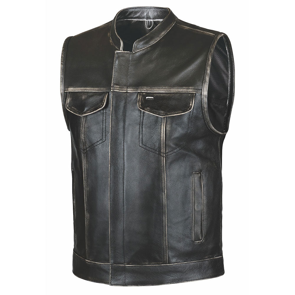 Crafted from buffalo leather, it includes two outside chest pockets, two outside hand warmer pockets, two inside concealed carry pockets, antique brass hardware, a quick access gun pocket