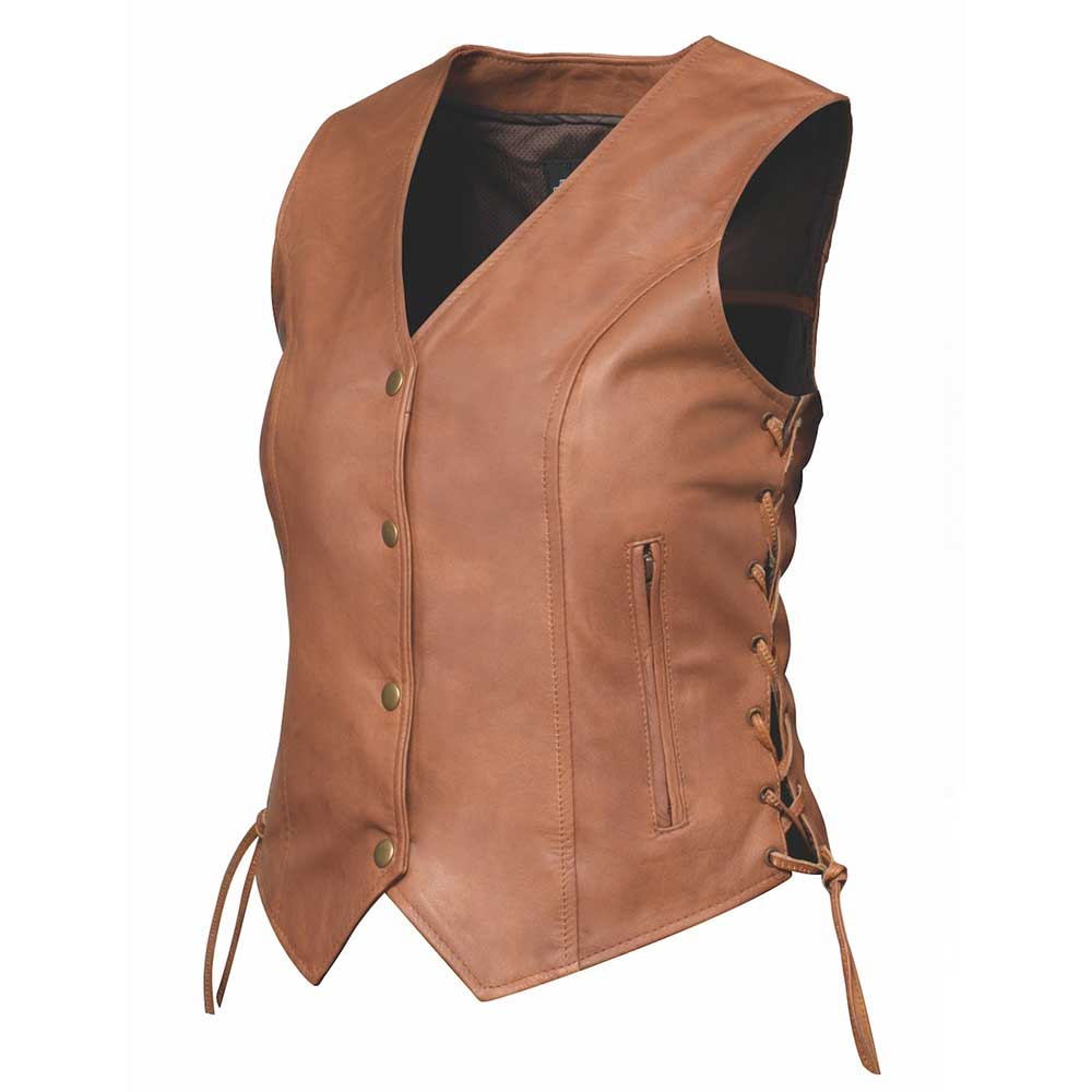 Style # 6897.ANT embodies timeless sophistication with a ladies' premium traditional vest crafted from luxurious lambskin leather. 