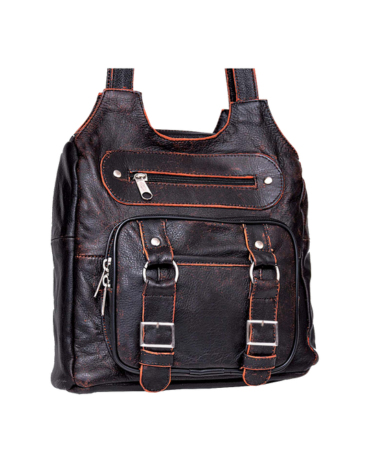 Black leather backpack with orange stitching 