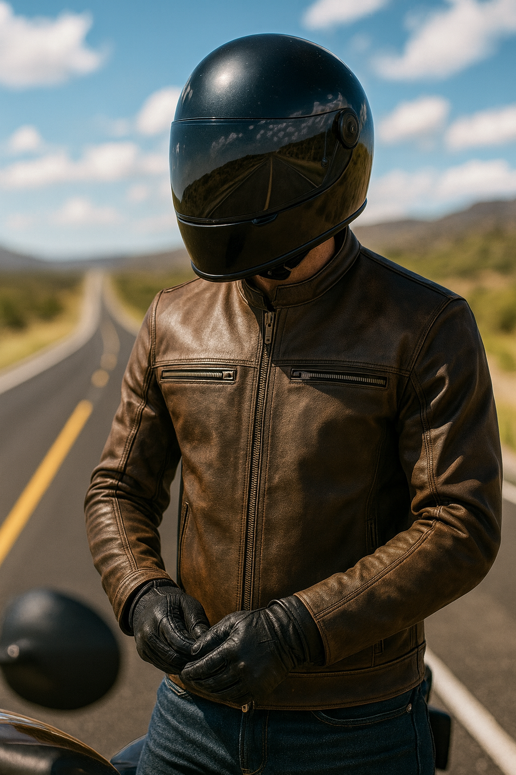 riders brown leather jacket with black helmet 