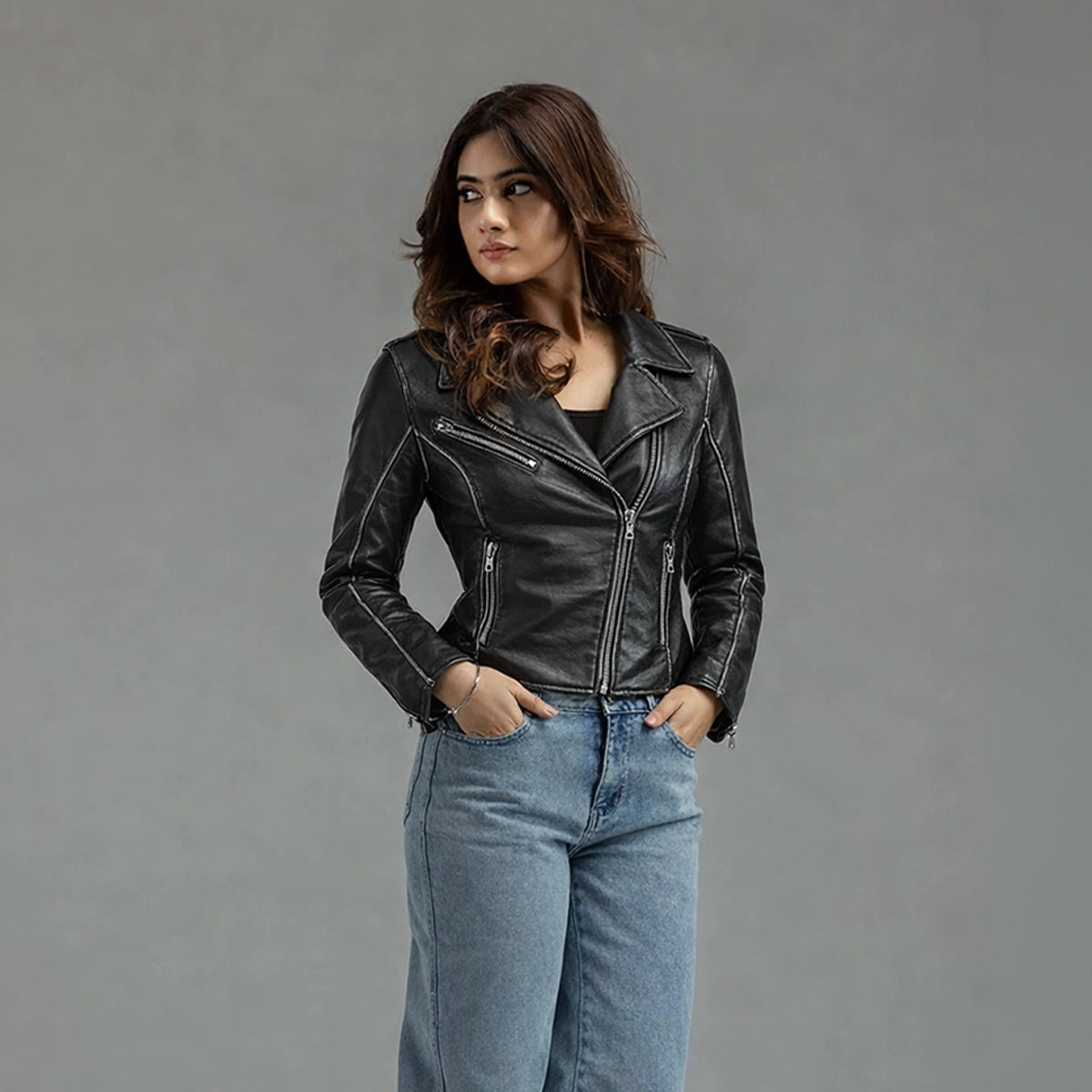 Sliver Star - Women Lambskin Motorcycle Leather Jacket