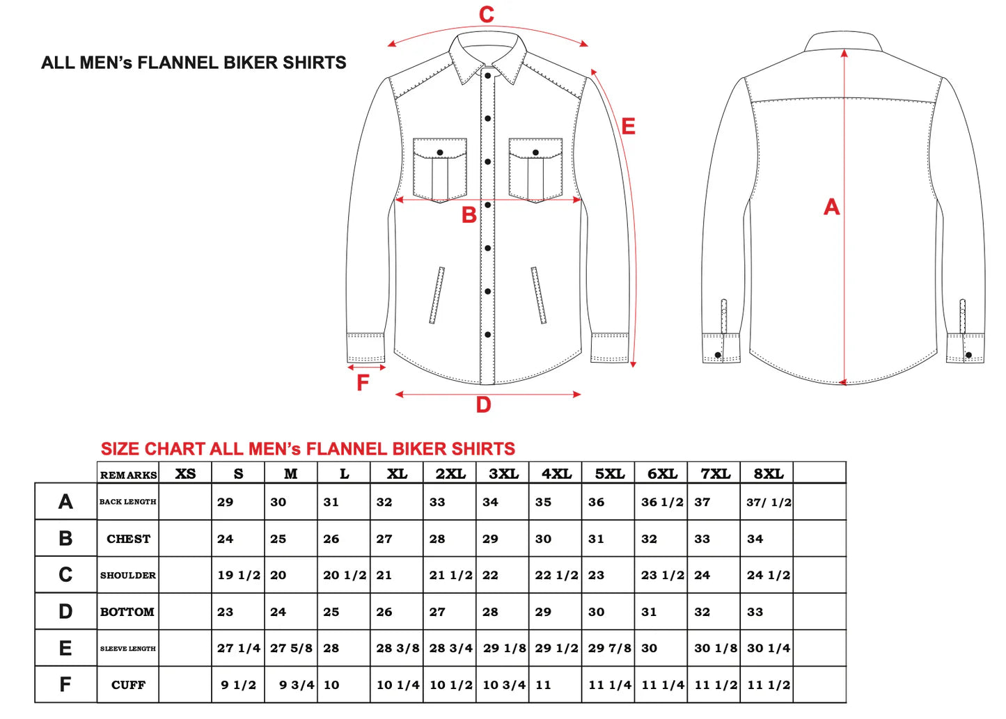size chart for men flannel