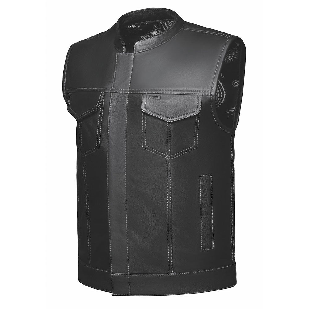  Made from cowhide leather with a black and white paisley lining, it includes four exterior pockets, two inside concealed carry pockets, a zip snap main closure, antique brass hardware, and a one-panel back, providing sophistication, versatility, and functionality for various settings.