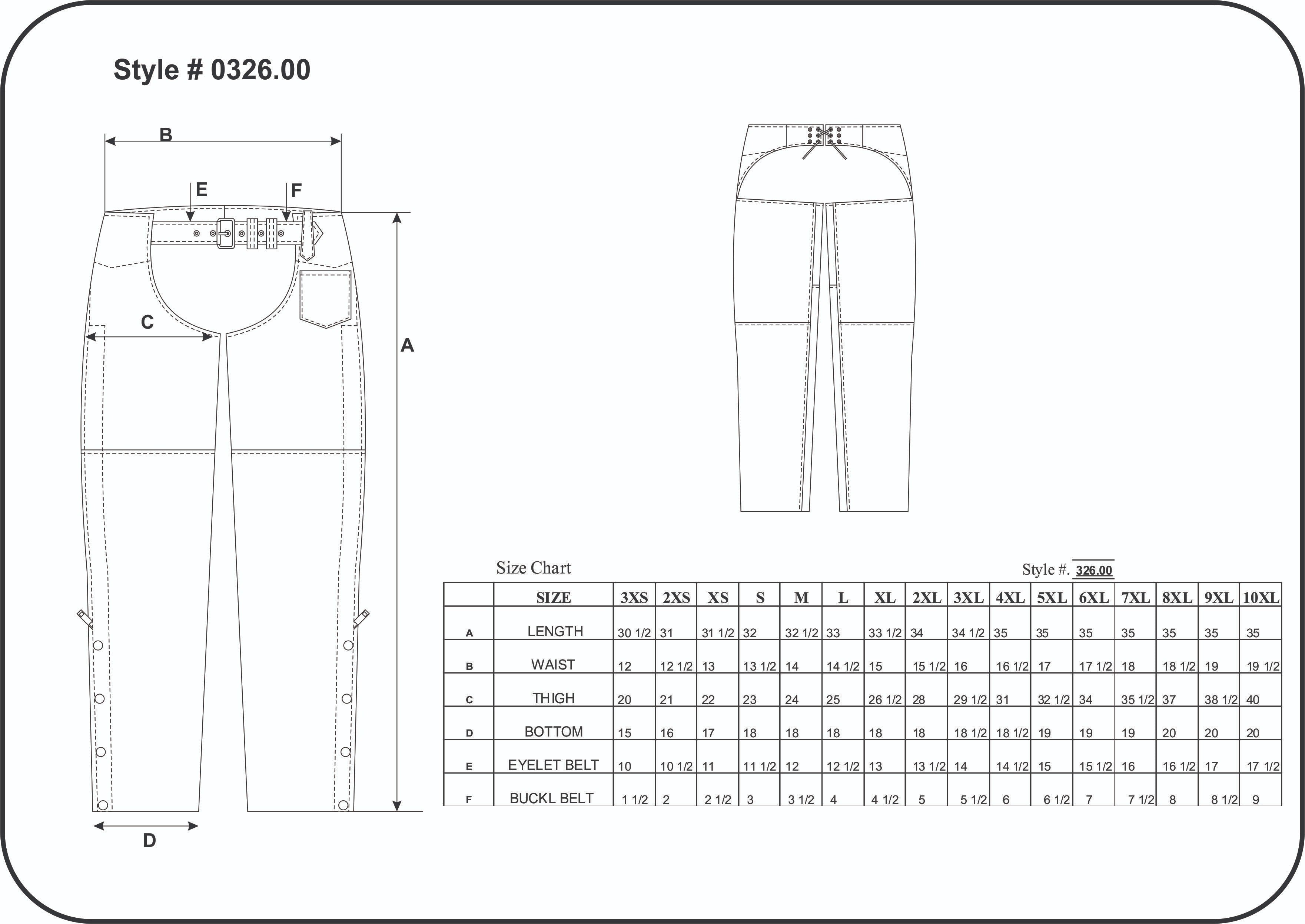 Technical diagram of pants with measurements and size chart 