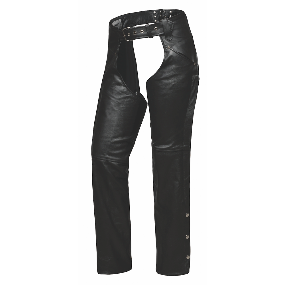 Unik Premium leather chaps designed for durability and style. With reinforced stitching, silver hardware, and an adjustable fit, these chaps are ideal for bikers
