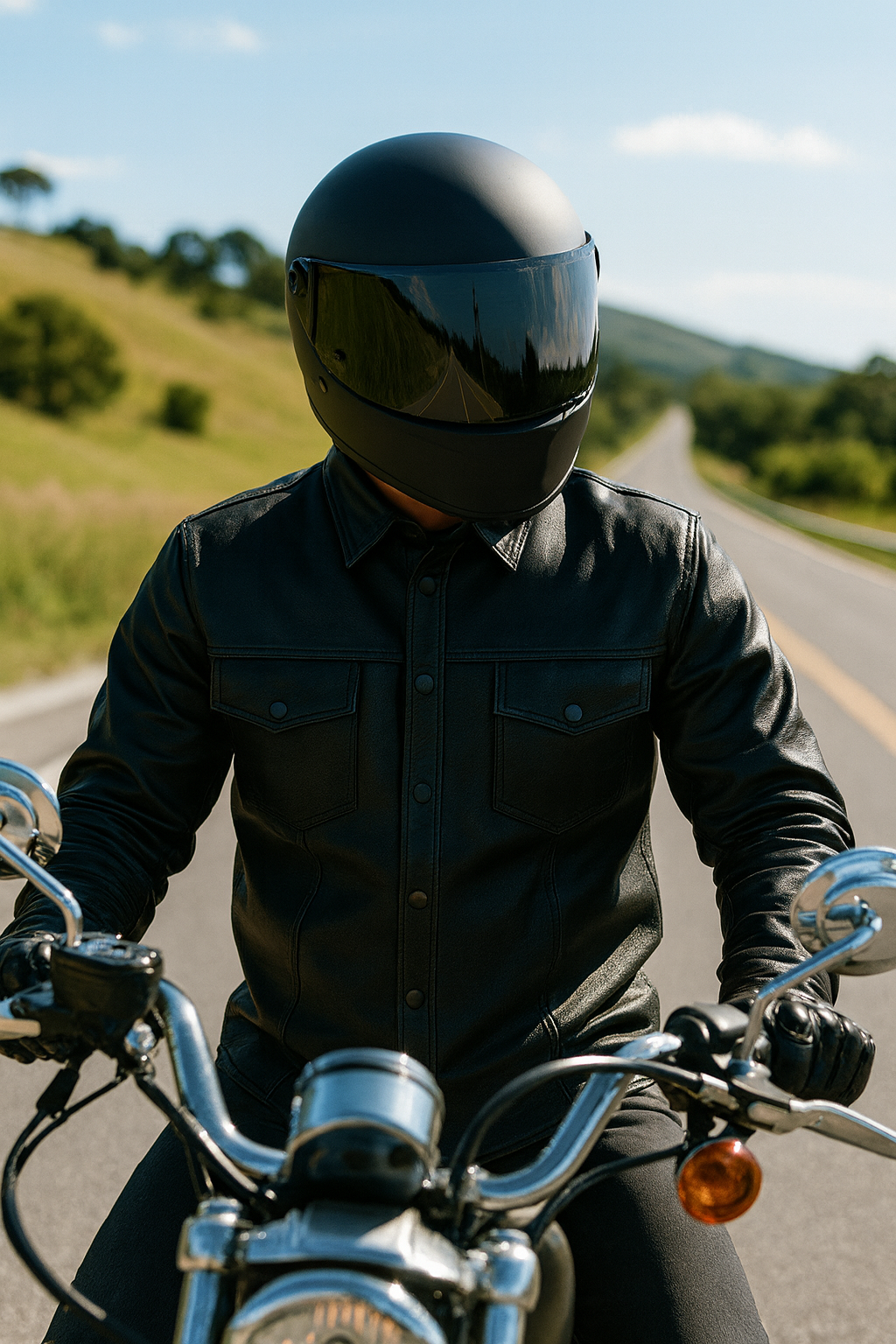 person with black helmet and leather jacket riding a motorcycle