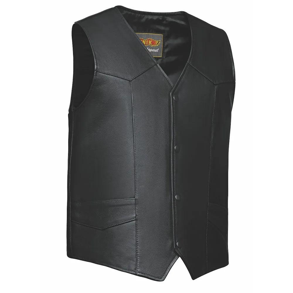 The Men's Premium Traditional Snap Front Vest by Unik Leather Apparel offers a blend of classic design and practical features. Made from cowhide leather, it includes two exterior pockets, two interior concealed carry pockets