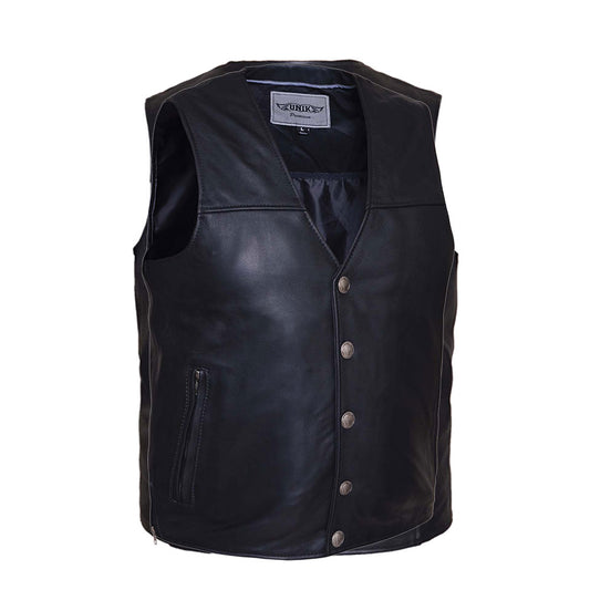 . Made from cowhide leather, it includes two zippered exterior pockets, two concealed carry pockets, Buffalo Nickel snaps, silver hardware, side zips for adjustability, and a sleek black color, ensuring versatility and style for various settings.