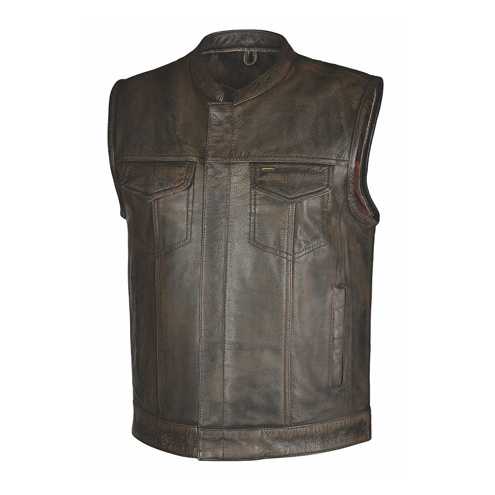  Crafted from buffalo leather, it features two outside chest pockets, two outside hand warmer pockets, two inside concealed carry pockets, antique brass hardware, a quick access gun pocket