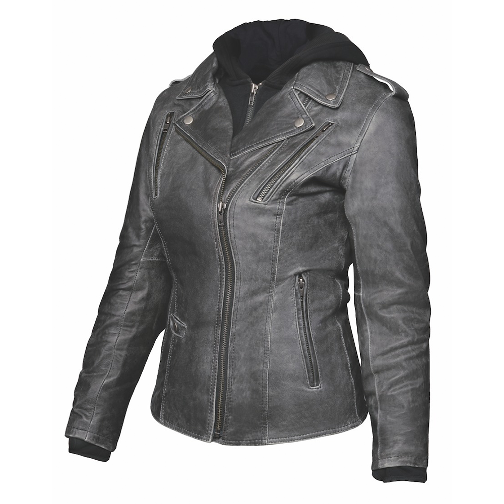 Crafted from luxurious lambskin leather in classic gray, this jacket combines a modern hoody design with premium features for comfort, protection, and practicality