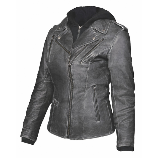 Crafted from luxurious lambskin leather in classic gray, this jacket combines a modern hoody design with premium features for comfort, protection, and practicality