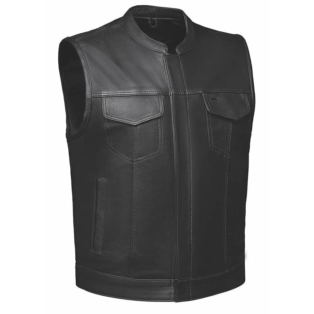 The Men's Ultra SOA Style Club Vest by Unik Ultra blends iconic design with practical features. Made from cowhide leather, it includes four exterior pockets, two inside concealed carry pockets, a zip snap main closure