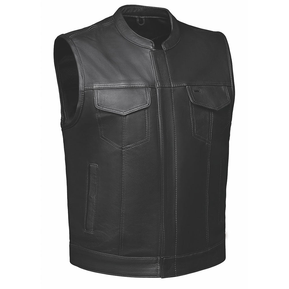 The Men's Ultra SOA Style Club Vest by Unik Ultra blends iconic design with practical features. Made from cowhide leather, it includes four exterior pockets, two inside concealed carry pockets, a zip snap main closure