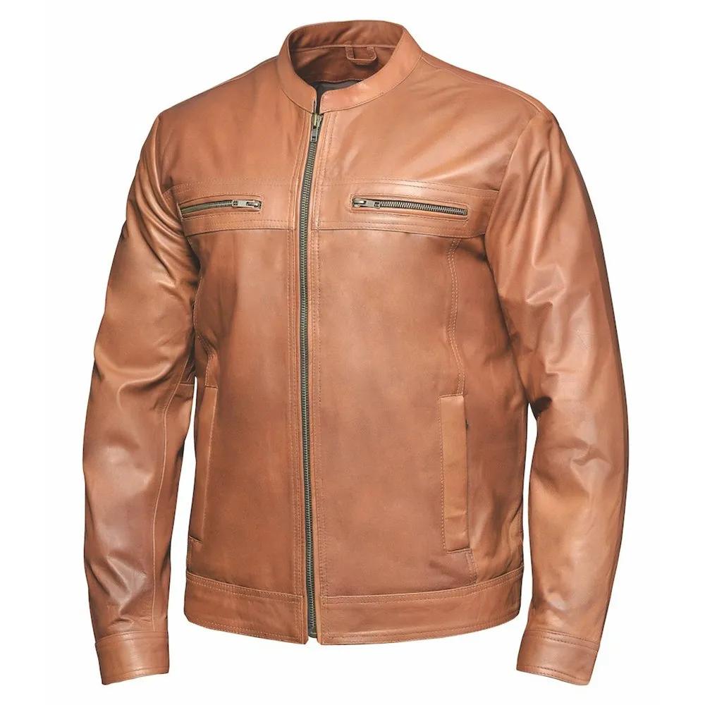tan brown jacket in leather and zipper opening
