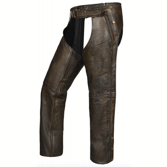  With reinforced stitching, silver hardware, and an adjustable fit, these chaps are ideal for bikers