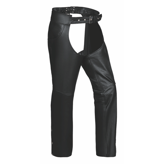 Unik Premium leather chaps designed for durability and style. With reinforced stitching, silver hardware, and an adjustable fit, these chaps are ideal for bikers